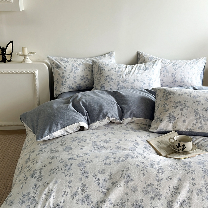 91家纺网 家纺一手货源 找家纺 卢赛尔 2025新品加厚130g高克重复古风原麻印花四件套单被套 青千雪