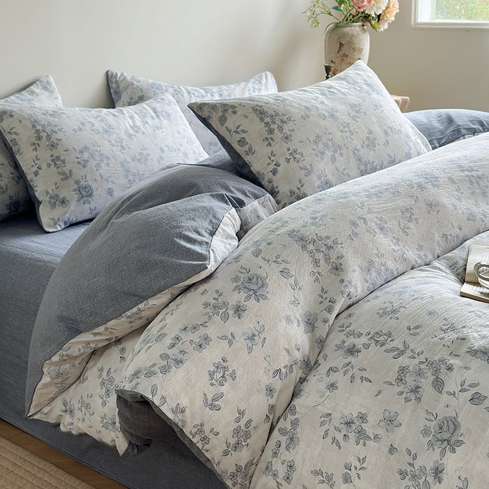 91家纺网 家纺一手货源 找家纺 卢赛尔 2025新品加厚130g高克重复古风原麻印花四件套单被套 青千雪