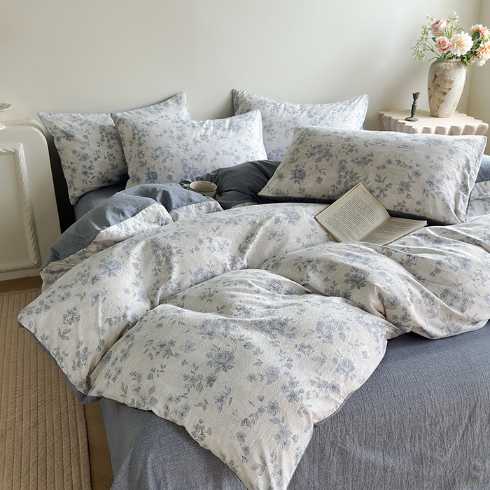 91家纺网 家纺一手货源 找家纺 卢赛尔 2025新品加厚130g高克重复古风原麻印花四件套单被套 青千雪
