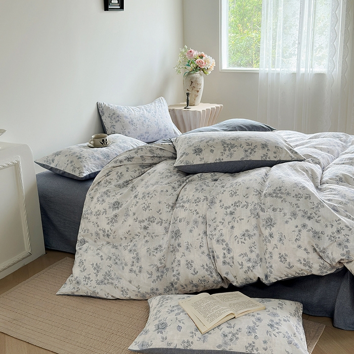 91家纺网 家纺一手货源 找家纺 卢赛尔 2025新品加厚130g高克重复古风原麻印花四件套单被套 青千雪