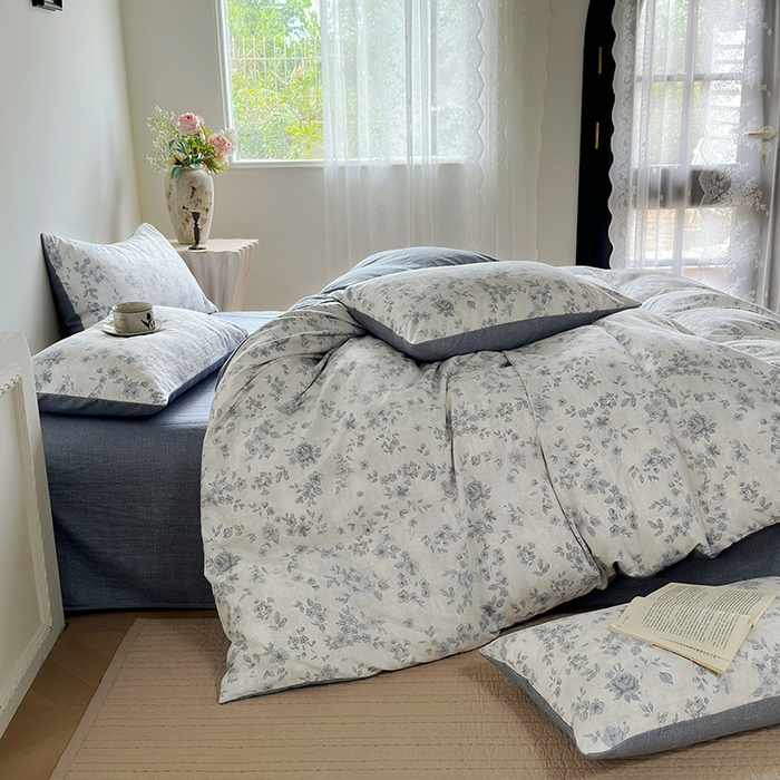 91家纺网 家纺一手货源 找家纺 卢赛尔 2025新品加厚130g高克重复古风原麻印花四件套单被套 青千雪