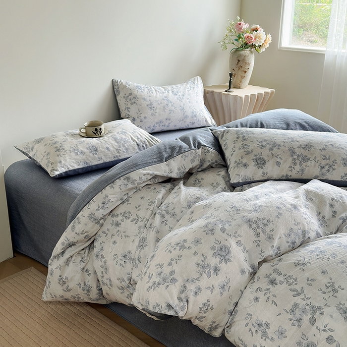 91家纺网 家纺一手货源 找家纺 卢赛尔 2025新品加厚130g高克重复古风原麻印花四件套单被套 青千雪