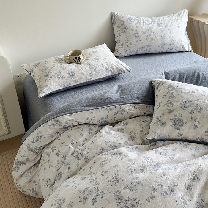 91家纺网 家纺一手货源 找家纺 卢赛尔 2025新品加厚130g高克重复古风原麻印花四件套单被套 青千雪