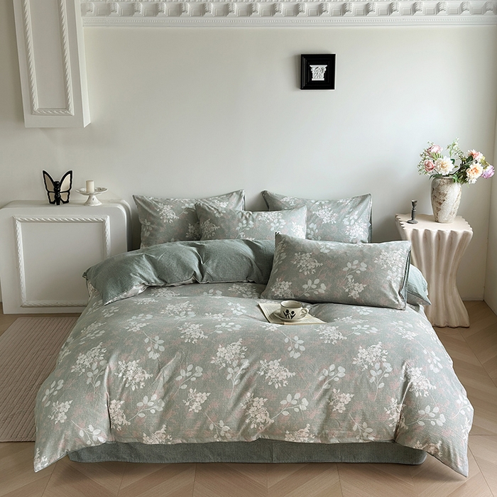卢赛尔 2025新品加厚130g高克重复古风原麻印花四件套单被套 清菡绿
