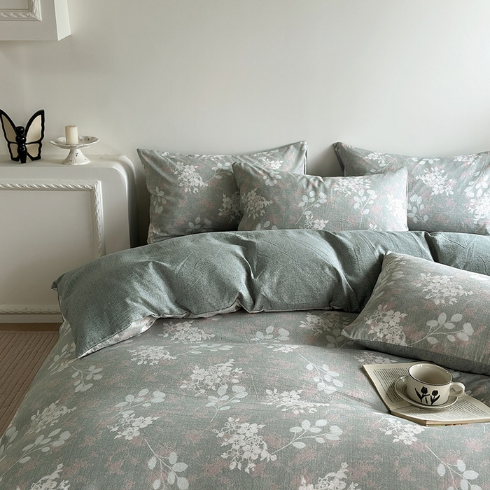 91家纺网 家纺一手货源 找家纺 卢赛尔 2025新品加厚130g高克重复古风原麻印花四件套单被套 清菡绿