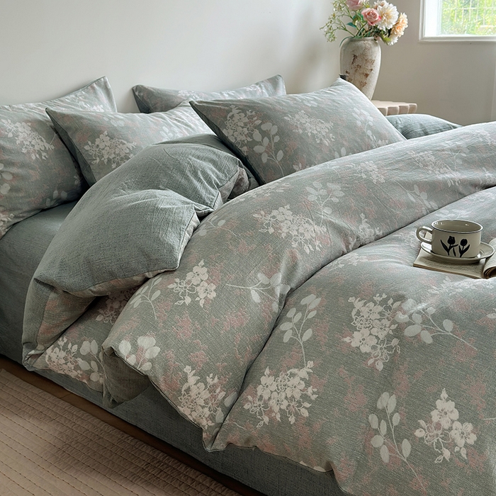 91家纺网 家纺一手货源 找家纺 卢赛尔 2025新品加厚130g高克重复古风原麻印花四件套单被套 清菡绿