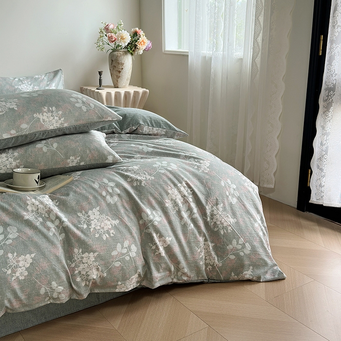 91家纺网 家纺一手货源 找家纺 卢赛尔 2025新品加厚130g高克重复古风原麻印花四件套单被套 清菡绿