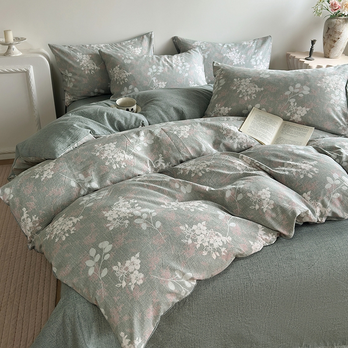 91家纺网 家纺一手货源 找家纺 卢赛尔 2025新品加厚130g高克重复古风原麻印花四件套单被套 清菡绿