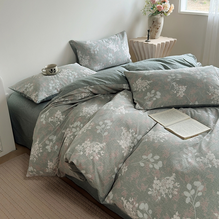 91家纺网 家纺一手货源 找家纺 卢赛尔 2025新品加厚130g高克重复古风原麻印花四件套单被套 清菡绿