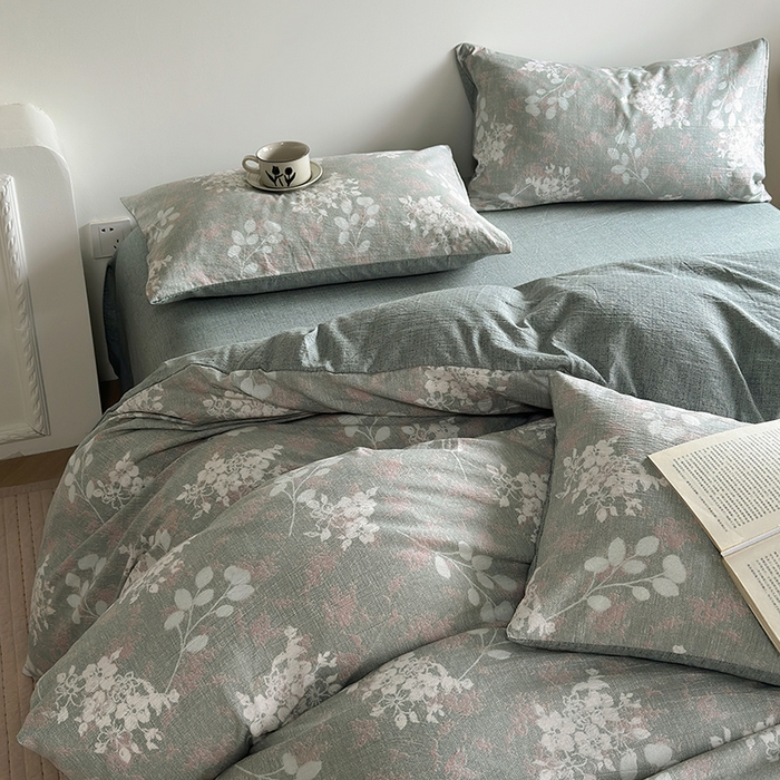 91家纺网 家纺一手货源 找家纺 卢赛尔 2025新品加厚130g高克重复古风原麻印花四件套单被套 清菡绿