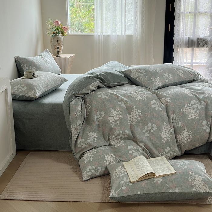 91家纺网 家纺一手货源 找家纺 卢赛尔 2025新品加厚130g高克重复古风原麻印花四件套单被套 清菡绿