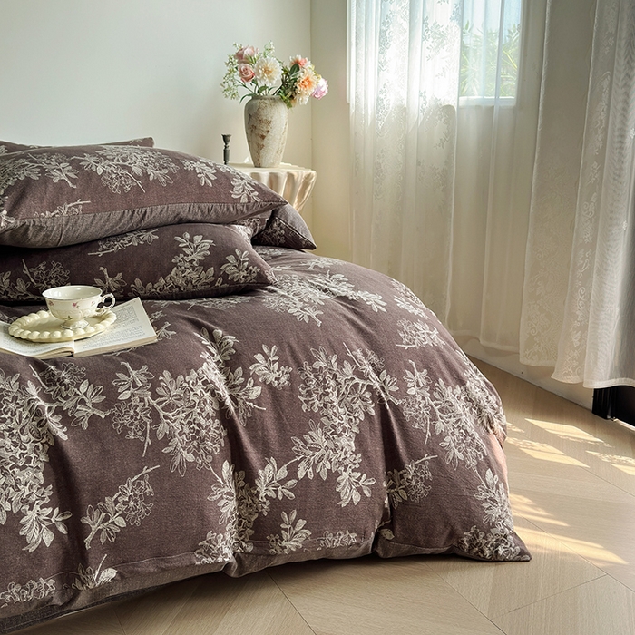 91家纺网 家纺一手货源 找家纺 卢赛尔 2025新品加厚130g高克重复古风原麻印花四件套单被套 疏影