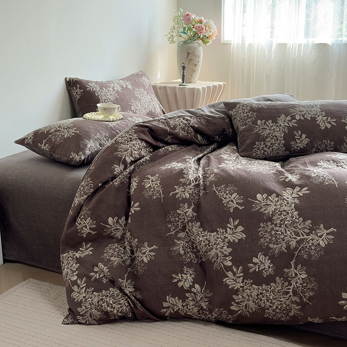 91家纺网 家纺一手货源 找家纺 卢赛尔 2025新品加厚130g高克重复古风原麻印花四件套单被套 疏影