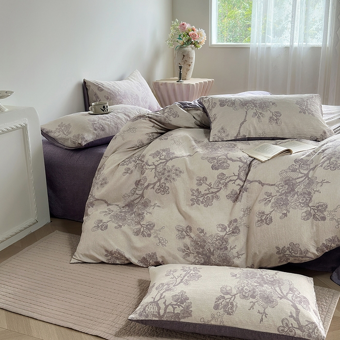 91家纺网 家纺一手货源 找家纺 卢赛尔 2025新品加厚130g高克重复古风原麻印花四件套单被套 云梦泽