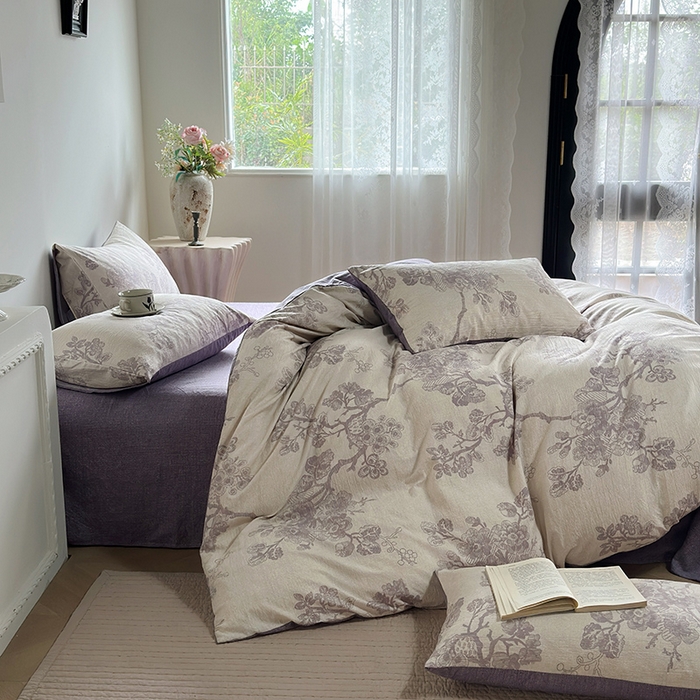 91家纺网 家纺一手货源 找家纺 卢赛尔 2025新品加厚130g高克重复古风原麻印花四件套单被套 云梦泽