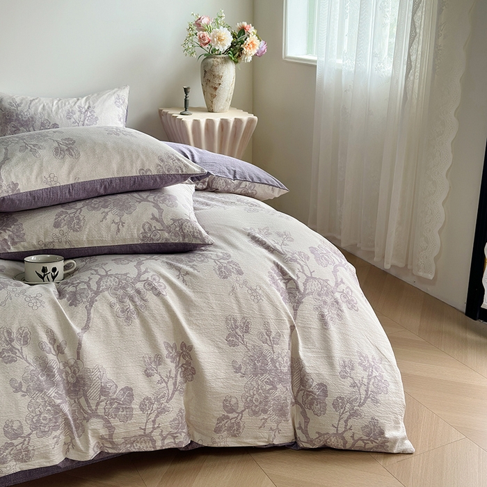 91家纺网 家纺一手货源 找家纺 卢赛尔 2025新品加厚130g高克重复古风原麻印花四件套单被套 云梦泽