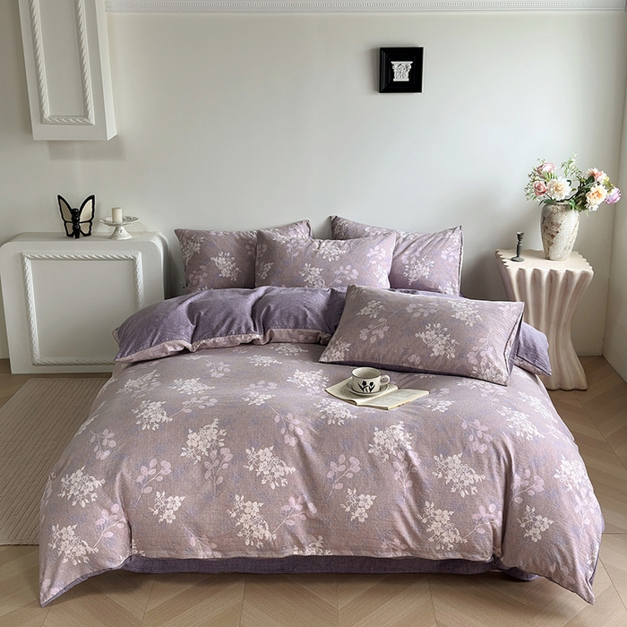卢赛尔 2025新品加厚130g高克重复古风原麻印花四件套单被套 紫苏槿