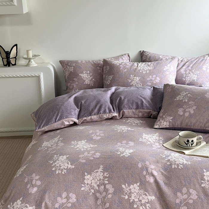 91家纺网 家纺一手货源 找家纺 卢赛尔 2025新品加厚130g高克重复古风原麻印花四件套单被套 紫苏槿