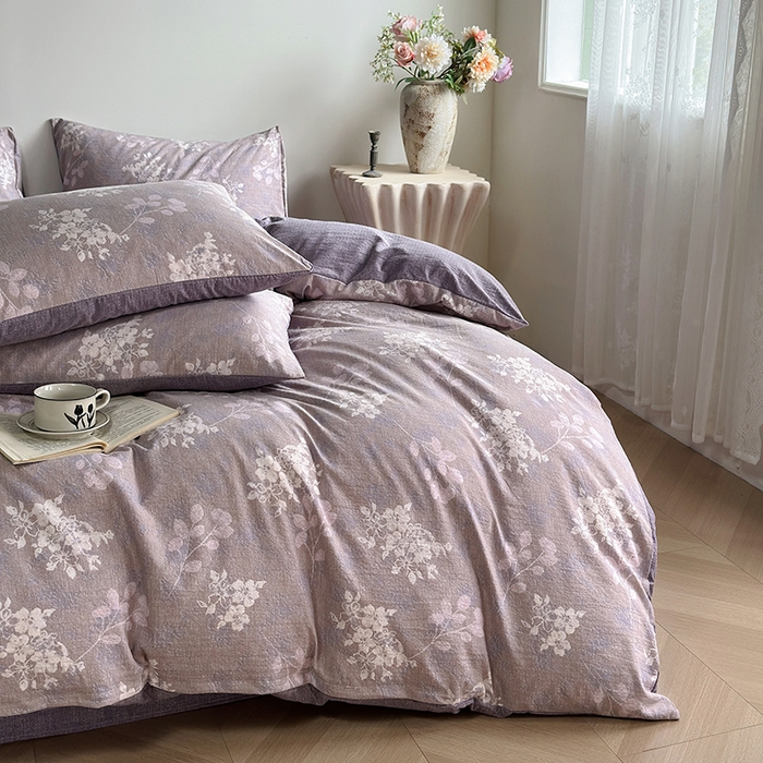 91家纺网 家纺一手货源 找家纺 卢赛尔 2025新品加厚130g高克重复古风原麻印花四件套单被套 紫苏槿