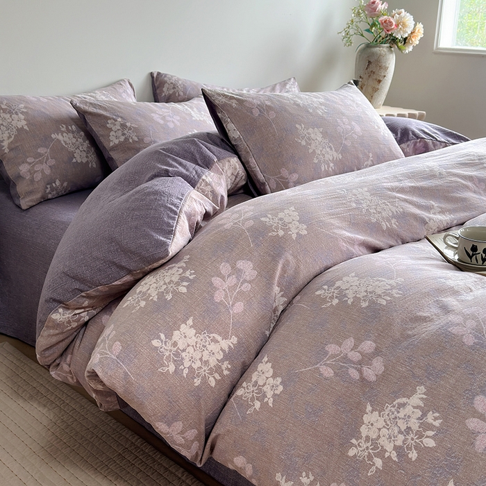 91家纺网 家纺一手货源 找家纺 卢赛尔 2025新品加厚130g高克重复古风原麻印花四件套单被套 紫苏槿