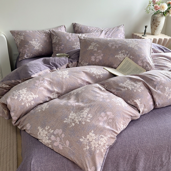 91家纺网 家纺一手货源 找家纺 卢赛尔 2025新品加厚130g高克重复古风原麻印花四件套单被套 紫苏槿