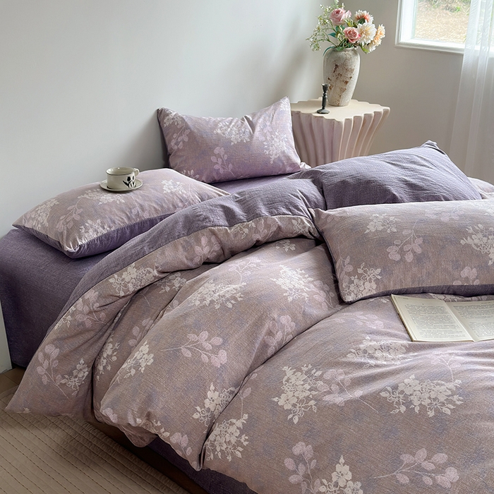 91家纺网 家纺一手货源 找家纺 卢赛尔 2025新品加厚130g高克重复古风原麻印花四件套单被套 紫苏槿