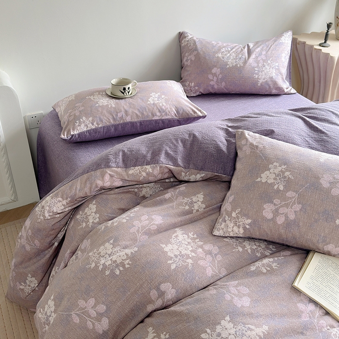 91家纺网 家纺一手货源 找家纺 卢赛尔 2025新品加厚130g高克重复古风原麻印花四件套单被套 紫苏槿