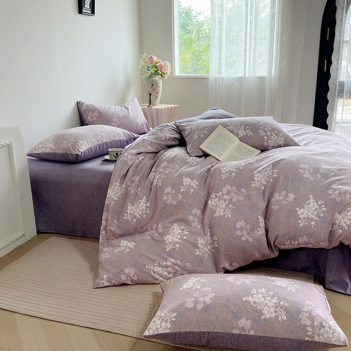 91家纺网 家纺一手货源 找家纺 卢赛尔 2025新品加厚130g高克重复古风原麻印花四件套单被套 紫苏槿