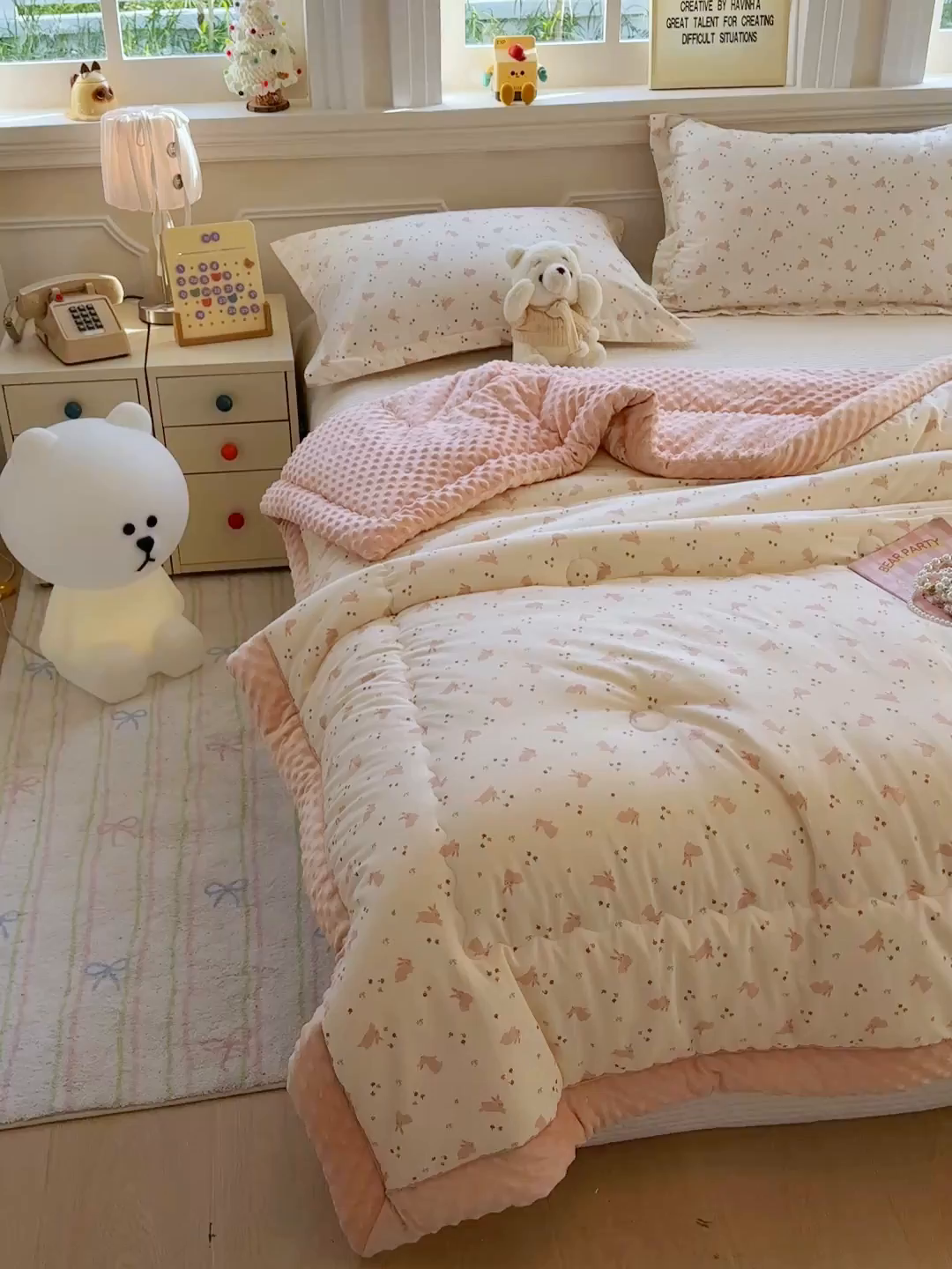 91家纺网 家纺一手货源 找家纺 梦依依 （加微信送买家秀）2025新款40支全棉豆豆被大豆被夏被冬秋被子被芯-风格二 粉粉兔