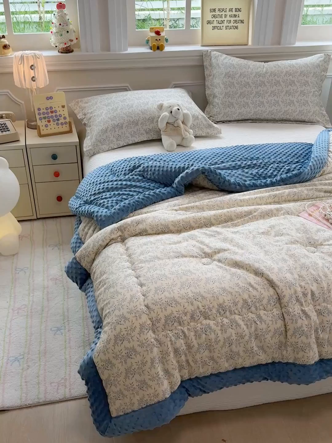 91家纺网 家纺一手货源 找家纺 梦依依 （加微信送买家秀）2025新款40支全棉豆豆被大豆被夏被冬秋被子被芯-风格二 瑞莎-蓝