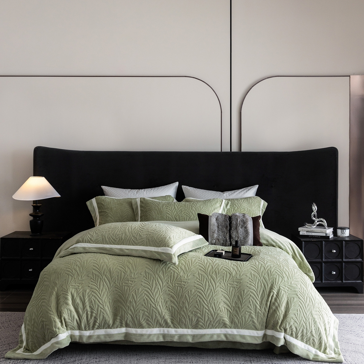 91家纺网 家纺一手货源 找家纺 （总）蓝梦 2025新款亲肤舒适牛奶绒四件套-榈叶系列