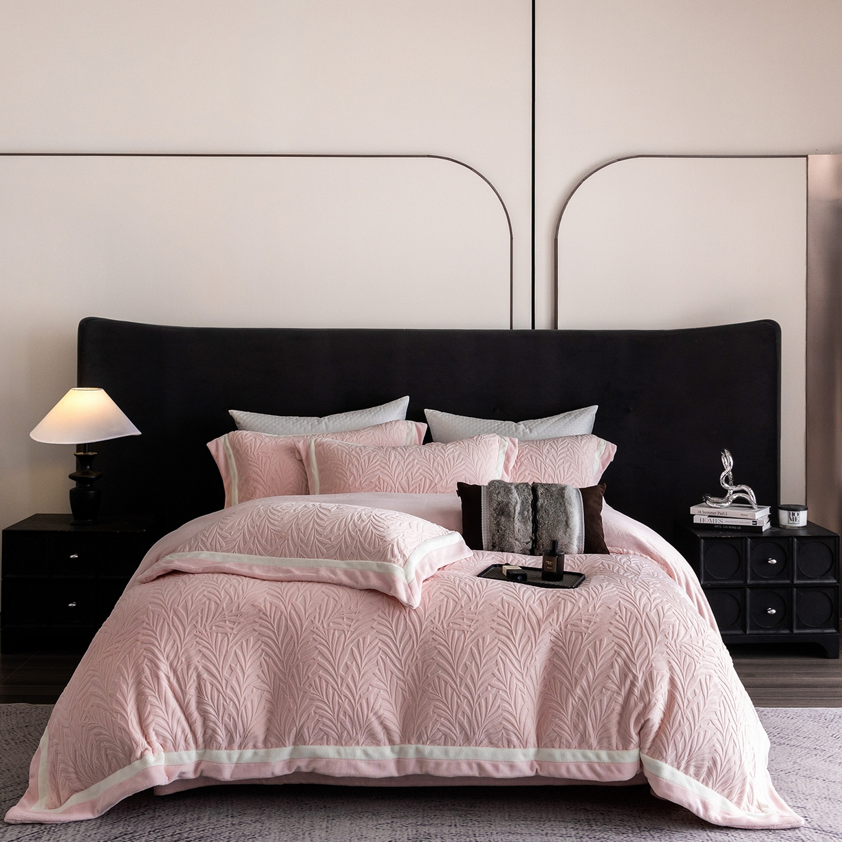 蓝梦 2025新款亲肤舒适牛奶绒四件套-榈叶系列 榈叶-豆蔻粉