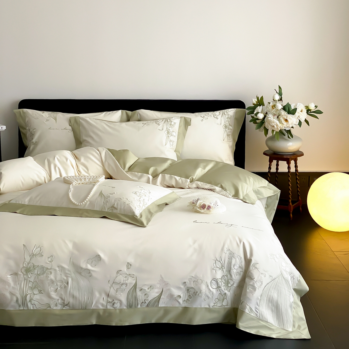 91家纺网 家纺一手货源 找家纺 云栖家居 2025新品50支全棉长绒棉刺绣纯棉绣花四件套-铃兰（控价不得低于328） 铃兰-米白