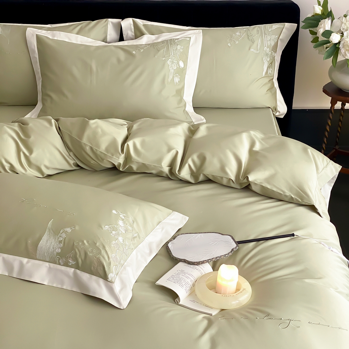 91家纺网 家纺一手货源 找家纺 云栖家居 2025新品50支全棉长绒棉刺绣纯棉绣花四件套-铃兰（控价不得低于328） 铃兰-绿