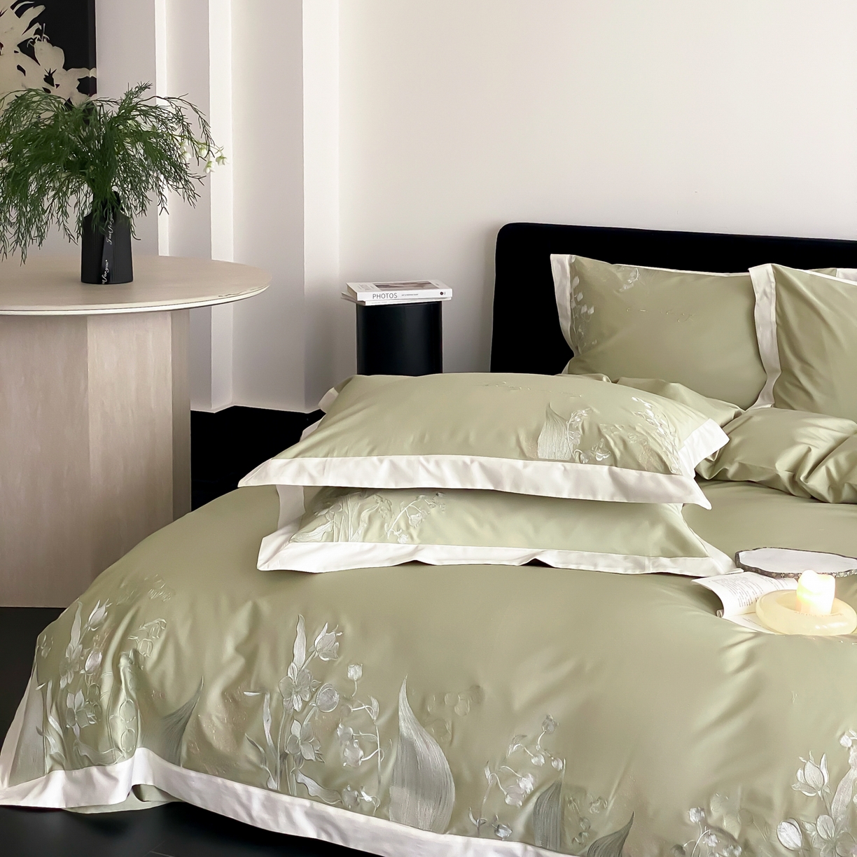 91家纺网 家纺一手货源 找家纺 云栖家居 2025新品50支全棉长绒棉刺绣纯棉绣花四件套-铃兰（控价不得低于328） 铃兰-绿