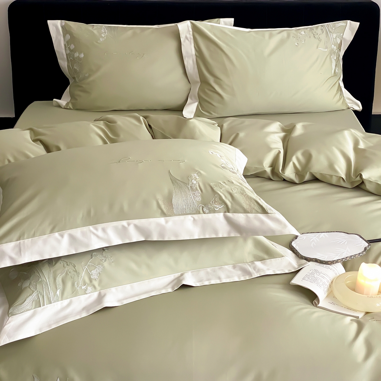 91家纺网 家纺一手货源 找家纺 云栖家居 2025新品50支全棉长绒棉刺绣纯棉绣花四件套-铃兰（控价不得低于328） 铃兰-绿