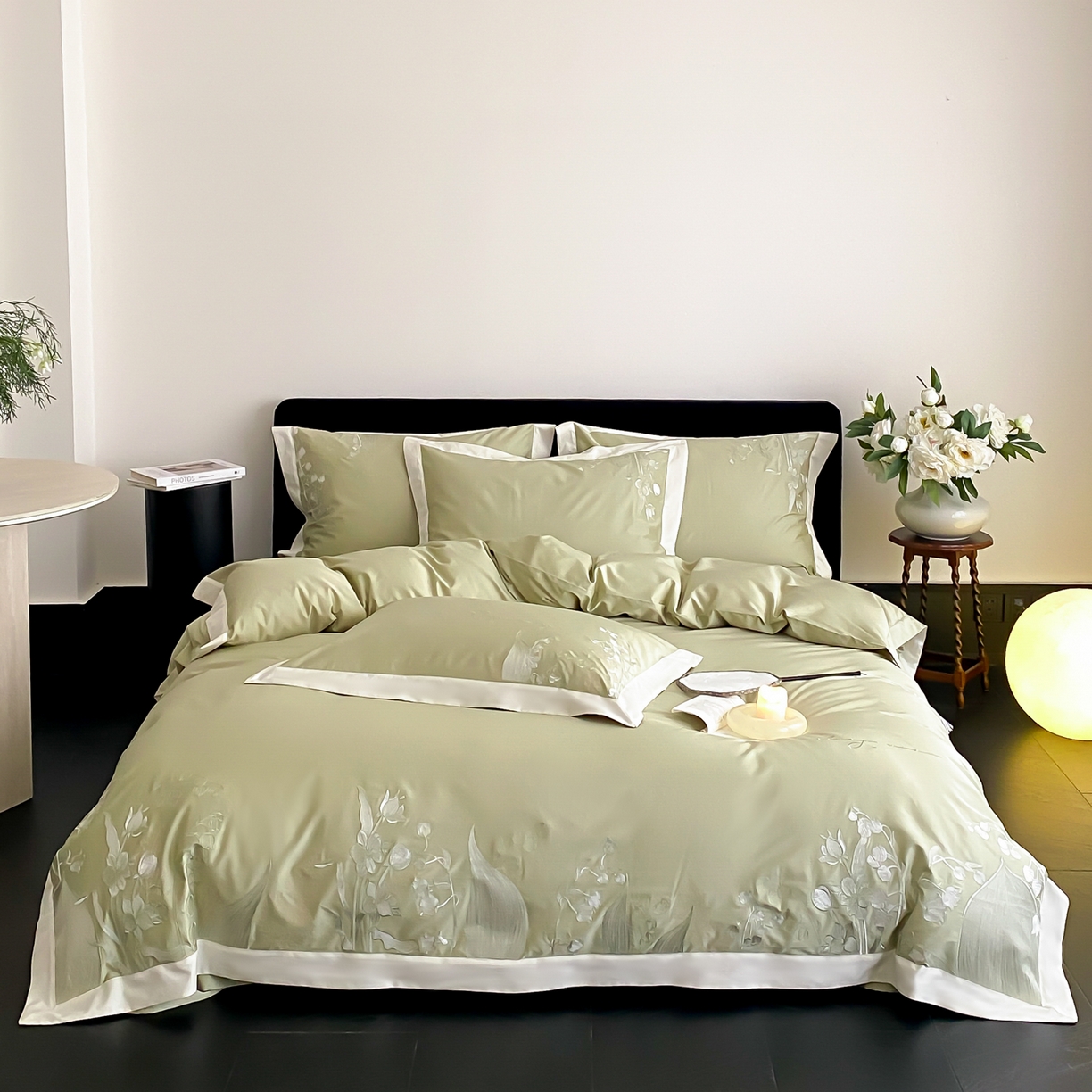 91家纺网 家纺一手货源 找家纺 云栖家居 2025新品50支全棉长绒棉刺绣纯棉绣花四件套-铃兰（控价不得低于328） 铃兰-绿