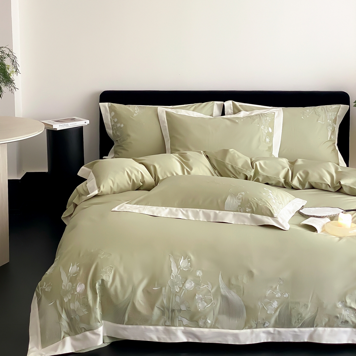 91家纺网 家纺一手货源 找家纺 云栖家居 2025新品50支全棉长绒棉刺绣纯棉绣花四件套-铃兰（控价不得低于328） 铃兰-绿