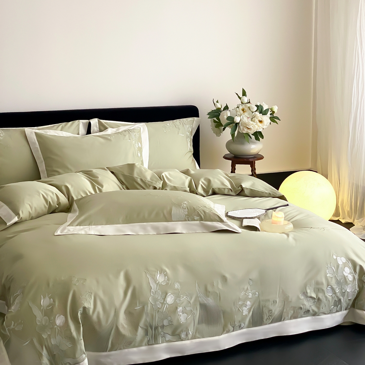 91家纺网 家纺一手货源 找家纺 云栖家居 2025新品50支全棉长绒棉刺绣纯棉绣花四件套-铃兰（控价不得低于328） 铃兰-绿