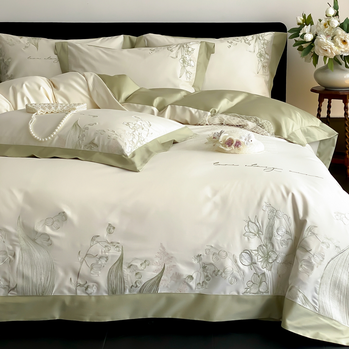 91家纺网 家纺一手货源 找家纺 云栖家居 2025新品50支全棉长绒棉刺绣纯棉绣花四件套-铃兰（控价不得低于328） 铃兰-米白