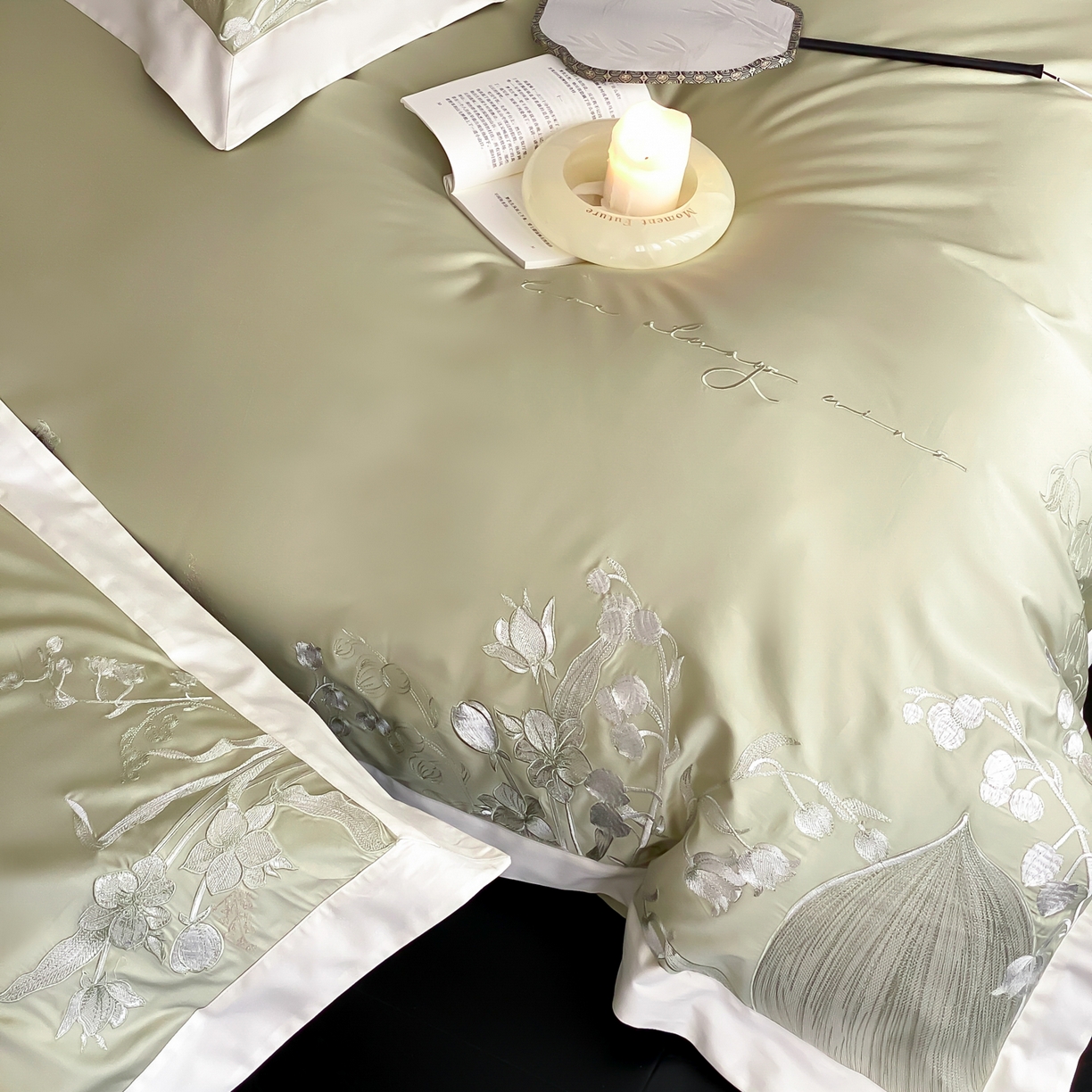 91家纺网 家纺一手货源 找家纺 云栖家居 2025新品50支全棉长绒棉刺绣纯棉绣花四件套-铃兰（控价不得低于328） 铃兰-绿