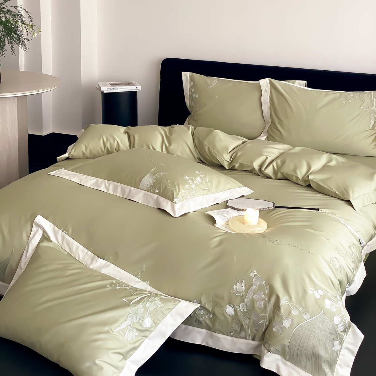 91家纺网 家纺一手货源 找家纺 云栖家居 2025新品50支全棉长绒棉刺绣纯棉绣花四件套-铃兰（控价不得低于328） 铃兰-绿