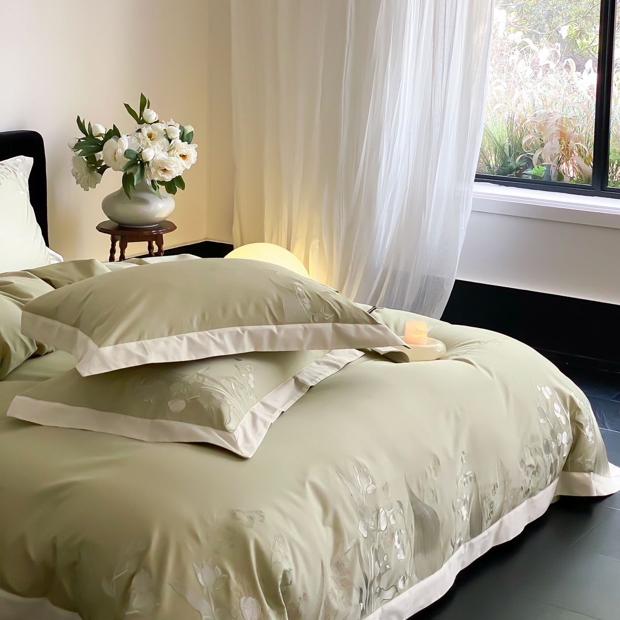 91家纺网 家纺一手货源 找家纺 云栖家居 2025新品50支全棉长绒棉刺绣纯棉绣花四件套-铃兰（控价不得低于328） 铃兰-绿