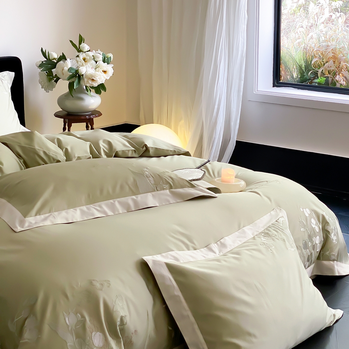 91家纺网 家纺一手货源 找家纺 云栖家居 2025新品50支全棉长绒棉刺绣纯棉绣花四件套-铃兰（控价不得低于328） 铃兰-绿