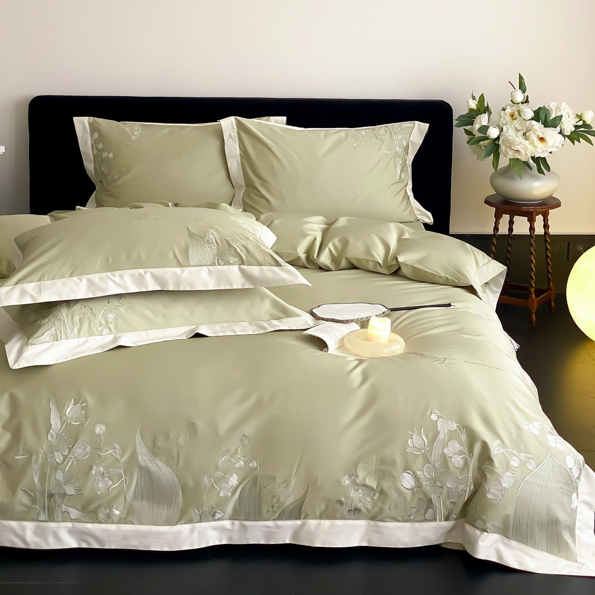 91家纺网 家纺一手货源 找家纺 云栖家居 2025新品50支全棉长绒棉刺绣纯棉绣花四件套-铃兰（控价不得低于328） 铃兰-绿