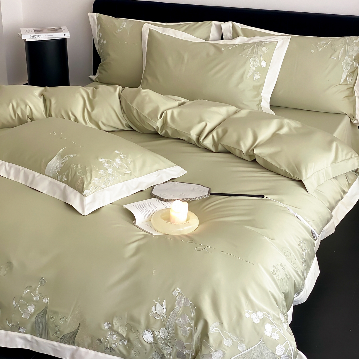 91家纺网 家纺一手货源 找家纺 云栖家居 2025新品50支全棉长绒棉刺绣纯棉绣花四件套-铃兰（控价不得低于328） 铃兰-绿