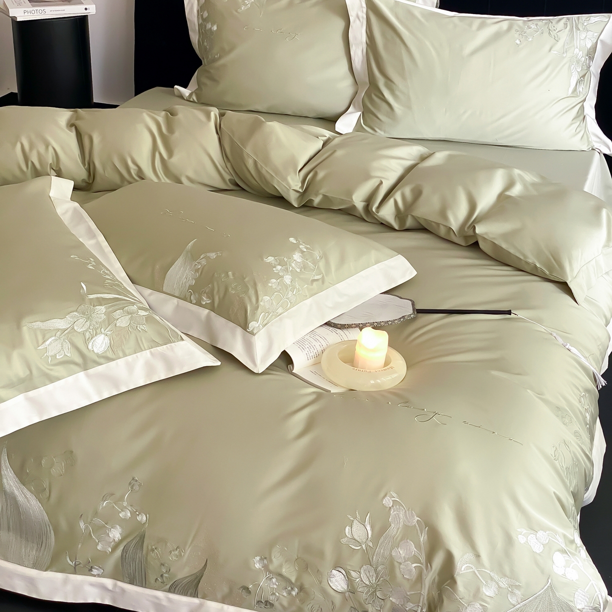 91家纺网 家纺一手货源 找家纺 云栖家居 2025新品50支全棉长绒棉刺绣纯棉绣花四件套-铃兰（控价不得低于328） 铃兰-绿