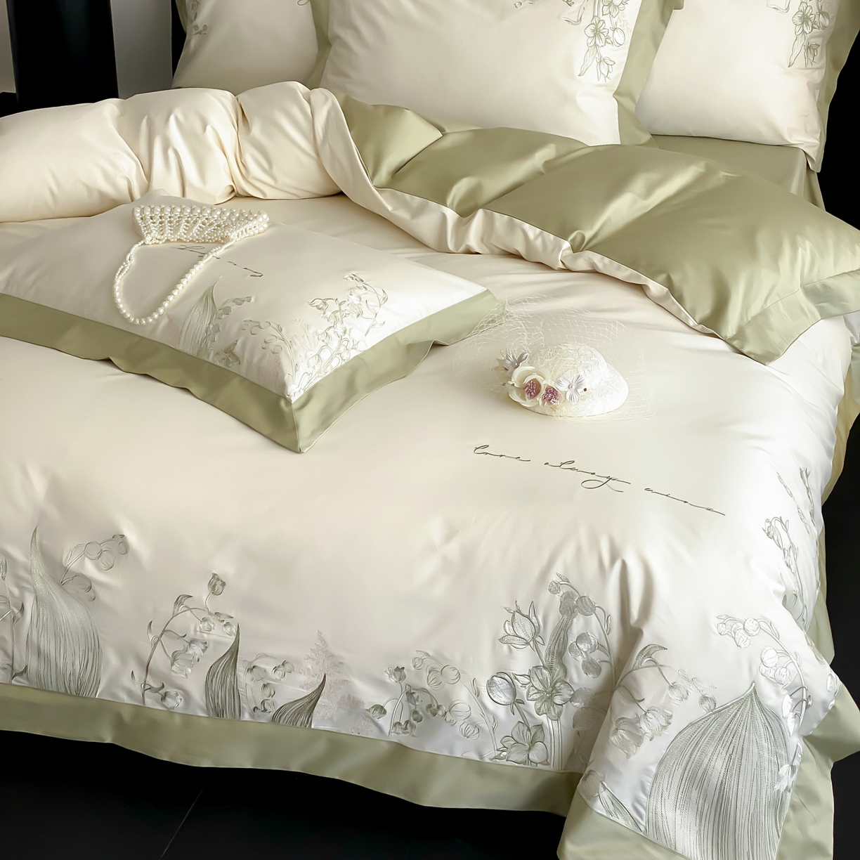 91家纺网 家纺一手货源 找家纺 云栖家居 2025新品50支全棉长绒棉刺绣纯棉绣花四件套-铃兰（控价不得低于328） 铃兰-米白