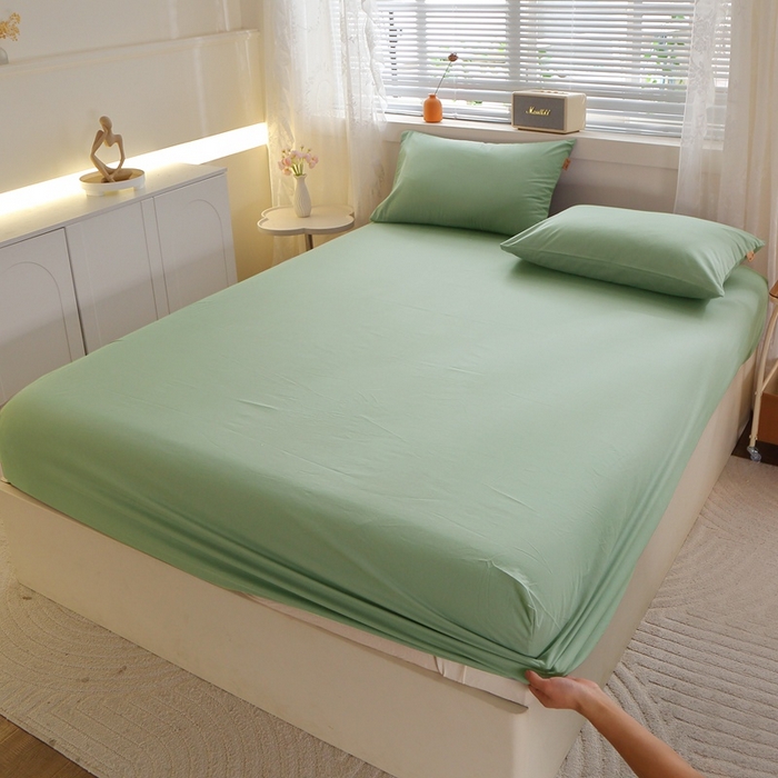 91家纺网 家纺一手货源 找家纺 晶缦 2025新款100%纯棉13376纯色喷气全棉磨毛单床笠 暖芸馨-茶卡绿