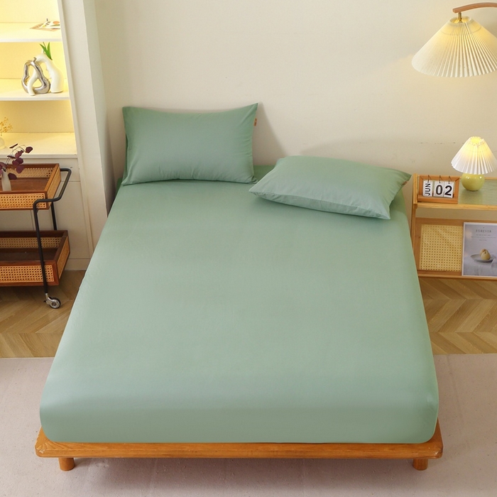 91家纺网 家纺一手货源 找家纺 晶缦 2025新款100%纯棉13376纯色喷气全棉磨毛单床笠 暖芸馨-茶卡绿